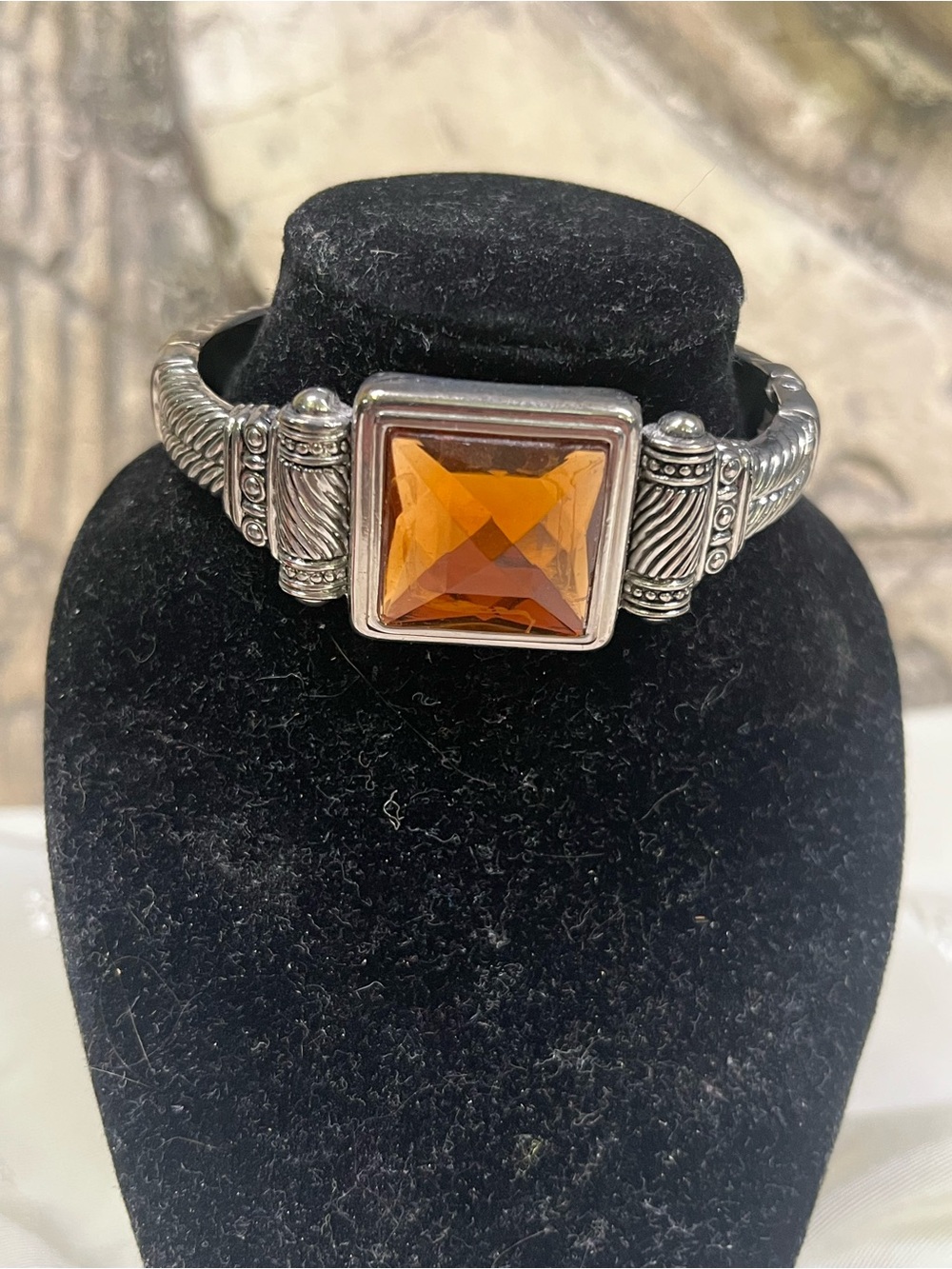 Vtg 90s Silver Tone Cable Twist Faceted Amber Topaz Rhinestone Clamper Bracelet